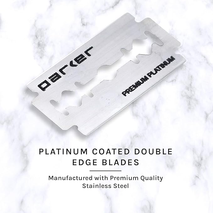 Parker, 96R Graphite Gray Long Handle Butterfly Open Double Edge Safety Razor for Men, 5 Parker Premium Platinum Double Edge Razor Blades Included