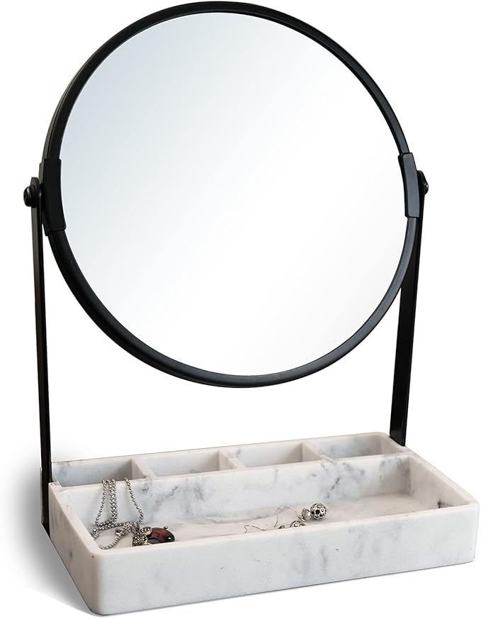 Vanity Mirror With Marble Tray, Two-Sided 6 Inches 1X/3X Magnification Makeup Mirror With Stand, Table Mirror