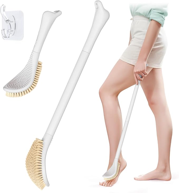 New Foot Brush for Shower, 3-in-1 Foot Scrubber for Wet or Dry Brushing, Adjustable 10.2’’- 27.5’’ Foot Scrub Brush for Seniors, Pregnant, Disabled, or Injured, Gift-Box Packaged(White)
