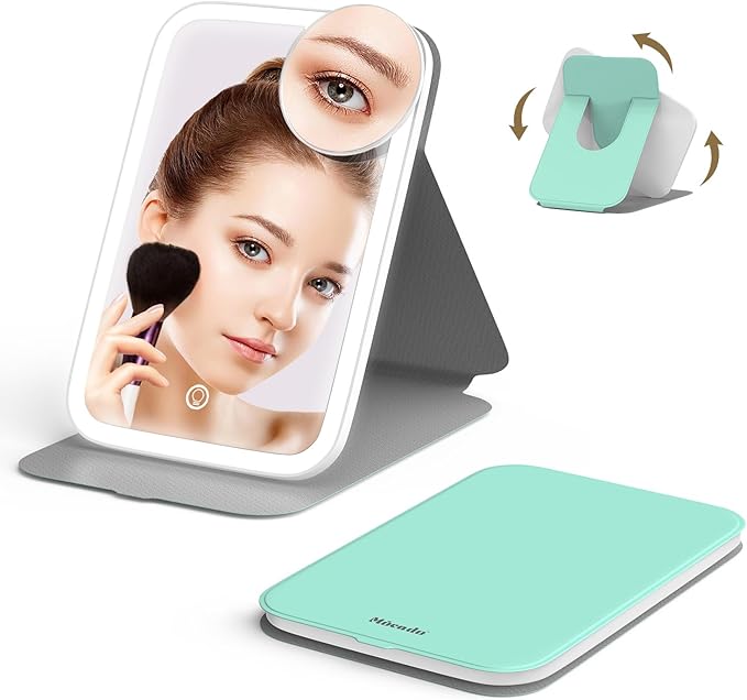 Mocado Travel Makeup Mirro with Lights, 360° Rotation Lighted Makeup Mirror, Portable Mirror with 10x Magnification, 60LEDs 3 Color Lightings, Dimmable Touch Screen, Tabletop Light up Mirror(Green)