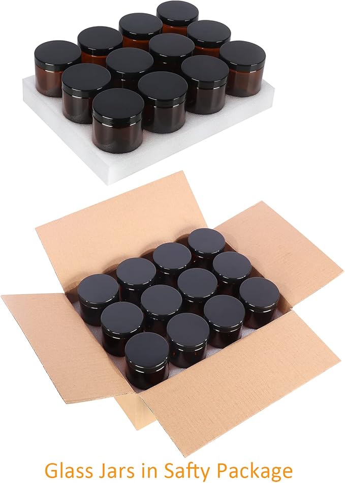 EkkoVla 24 Pack 8 oz Amber Round Glass Jars with 24 Black Lids, Candle Making Jar, Empty Refillable Cosmetic Containers for Lotions, Face Creams, Body Butter, Powders, Ointments, Beauty Products