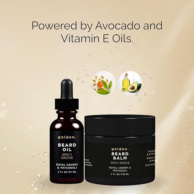 Golden Grooming Beard Oil & Balm Bundle for Men | Natural Growth Kit with Shea Butter | 4oz Balm & 2oz Oil | Spicy Grove
