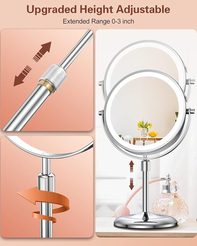 Benbilry Lighted Makeup Mirror with 10X Magnification & 3 Color Lights, Adjustable Brightness & Height, 7 Inch 360° Swivel Rechargeable LED Magnifying Make Up Mirror with Lighting (Silver)