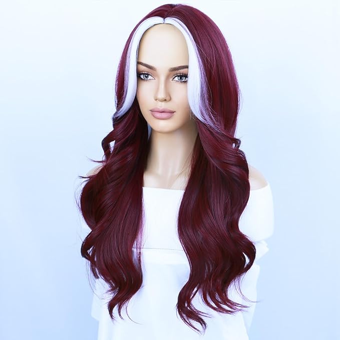 BERON Burgundy Wigs Long Wavy Wig for Women Curly Wine Red Heat Resistant Synthetic Hair Wigs for Cosplay Party Daily or Use