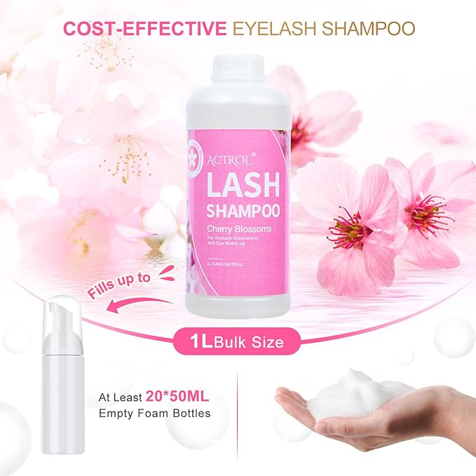Eyelash Extension Cleanser Cherry Blossom 1L Natural Lash Extension Shampoo Professional Eyelid Foaming Cleanser Paraben & Sulfate Free Non-lrritating with Salon and Home Care