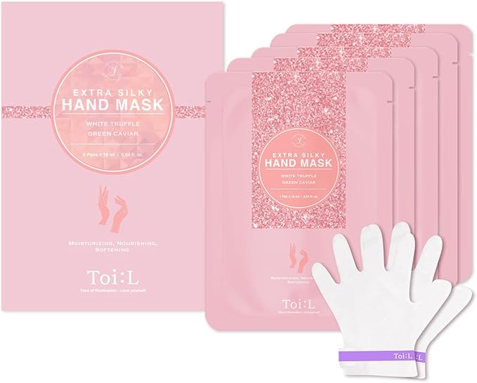 Extra Silky Hand Mask 5 Pairs, Moisturizing Gloves for Dry Hands with White Truffle, Green Caviar & Peptides, Repairing and Softening Hand Care Treatment for Aging, Cracked, and Dry Skin