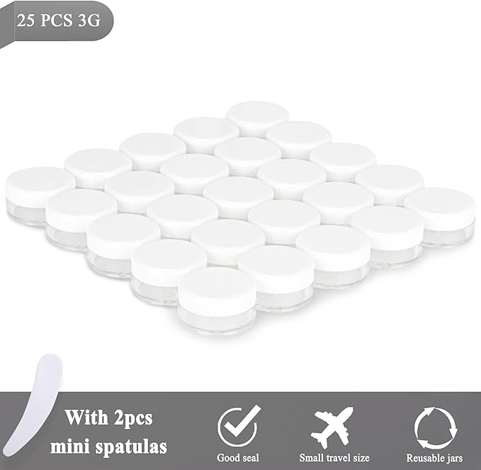 25PCS 3 Gram Sample Containers, 3ml Empty Jars with Lids, Small Cosmetic Containers, Mini Sample Jars with 2PCS Mini Spatulas for Make Up, Oils, Lotion, Powder, Paint, Jewelry, Lip Balms(White Lid)