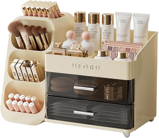 Makeup Organizer for Vanity, Countertop Organizer With Drawers, Spacious Cosmetic Display Case for Beauty Essential, Skincare, Lipstick, Cream White