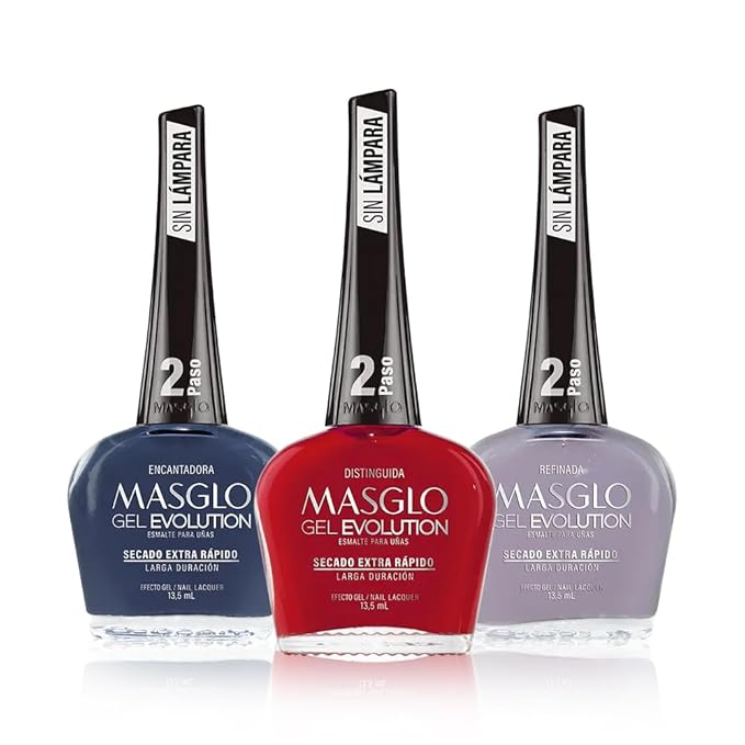 MASGLO Gel Evolution – Set of 3 Nail Polishes No UV/LED Lamp Needed, Fast-Drying, 12-Day Wear, 14-Free Formula, High-Gloss Finish, vegan (0.5 oz Each)