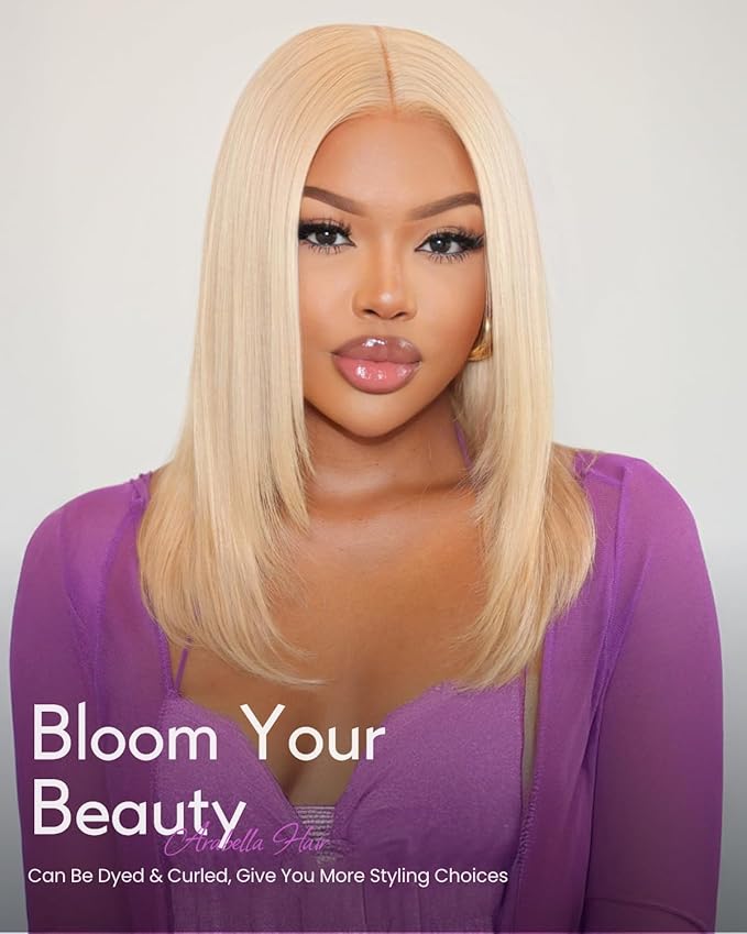 Arabella 613 Lace Front Bob Wig - Human Hair, 13x4, 210% Density, Pre-Plucked with Baby Hair (14 inch, Blonde)