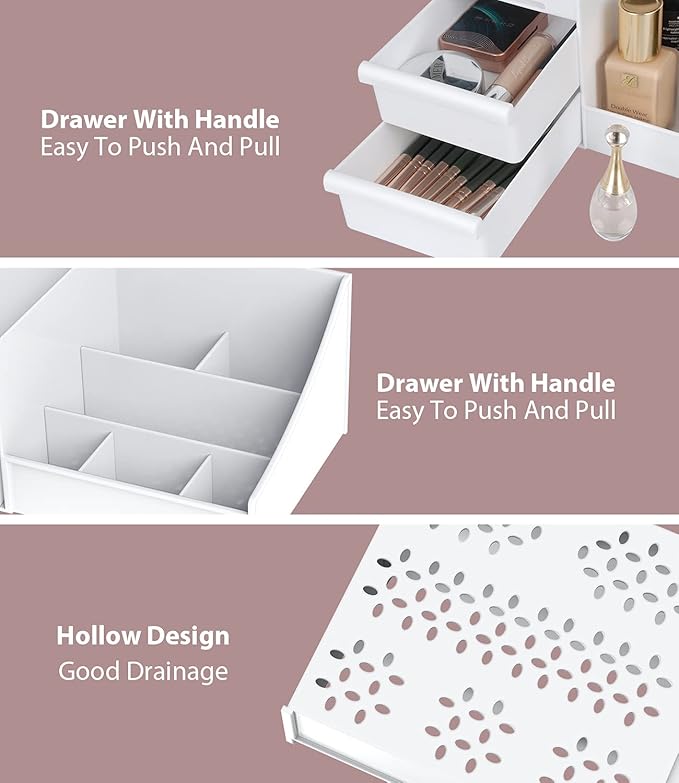 Makeup Desk Cosmetic Storage Box Organizer with Drawers for Dressing Table, Countertop, Bathroom Counter, Elegant Vanity Holder for Brushes, Eyeshadow, Lotions, Lipstick and Nail Polish (White)