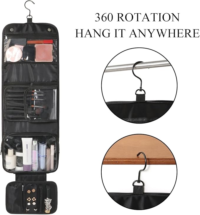 Travel Toiletry Bag for Women,Hanging Travel Toiletry Bag with Jewelry Organizer Compartment,Makeup Bag, Waterproof and Dirt Resistant, Travel Essentials, Medium,Black