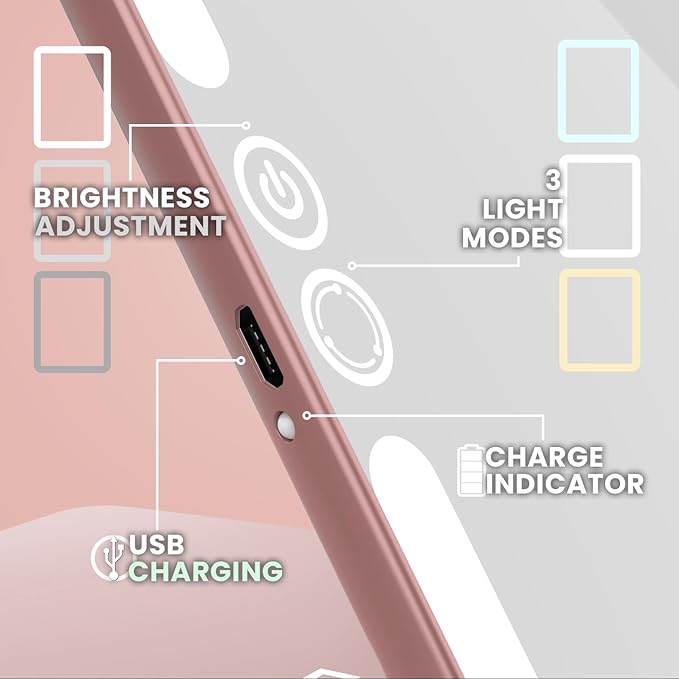 Eclipse LED Lighted Travel Vanity Makeup Mirror | 3 Colour Light, Compact, Portable, Lighted, Rechargeable, Illuminated Mirror | Perfect for Travel, Makeup & Beauty Needs | Rose Gold