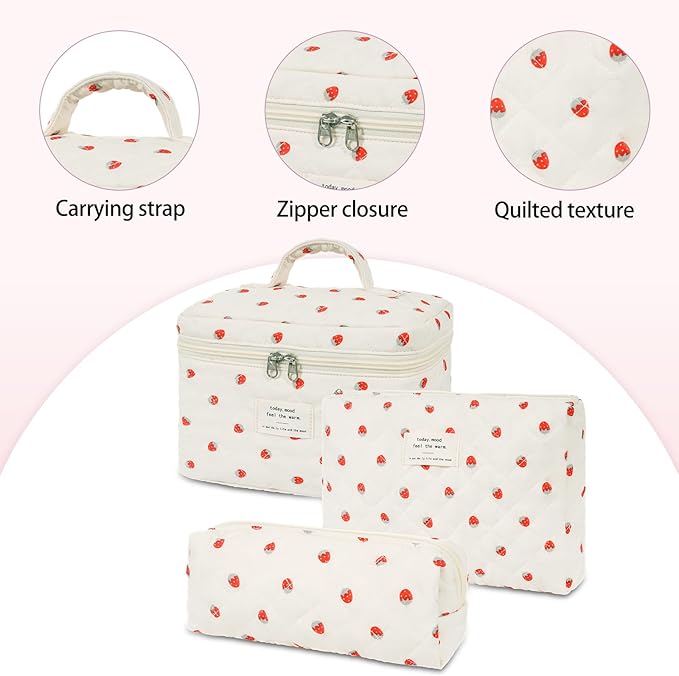 Quilted Makeup Bag Set, 3PCS Cosmetic Organizers for Women, Travel Toiletry Bags with Zipper Closure, Coquette Floral Make up Pouch