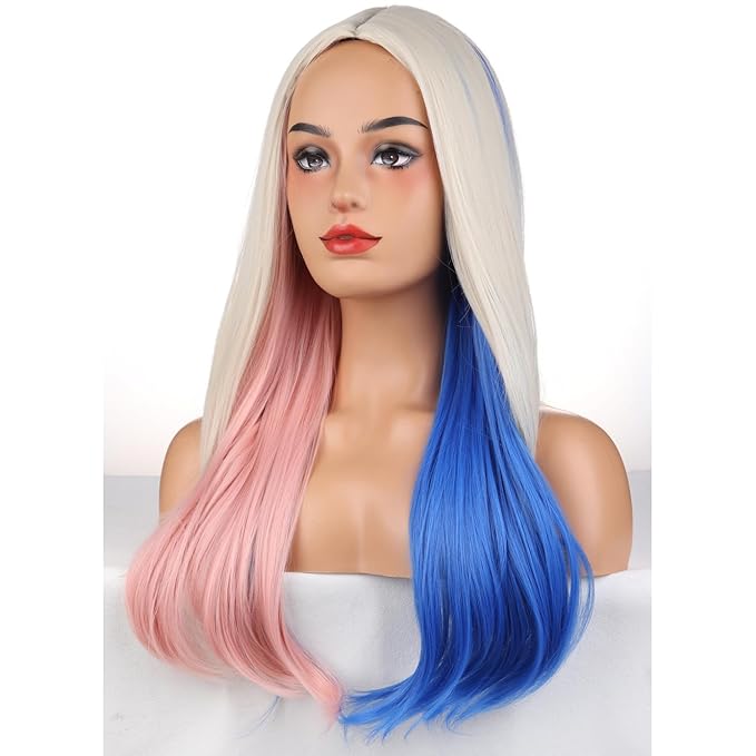 BERON Pink and Blue Wigs Long Wavy Wig for Women Girls Ombre Color Heat Resistant Synthetic Hair Wigs for Cosplay Party Daily or Use