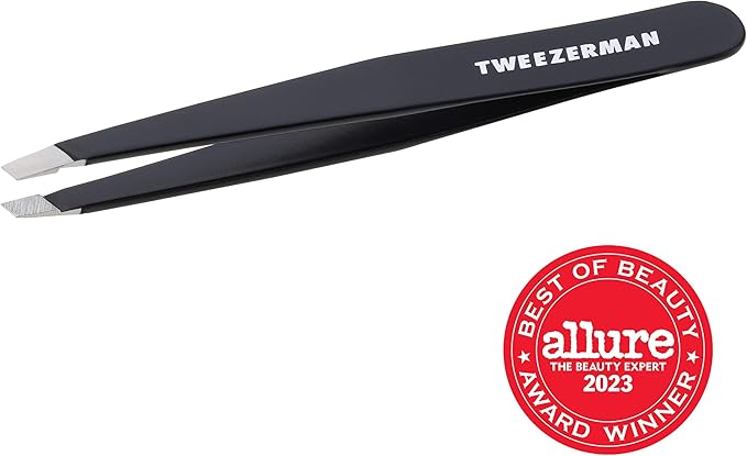 Tweezerman Stainless Steel Slant Tweezer - Eyebrow Tweezers for Women and Men (Black)