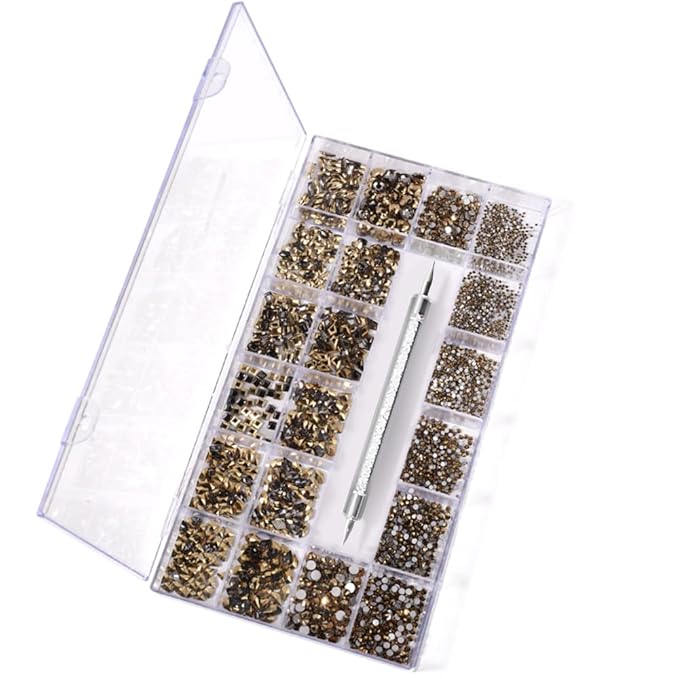 3100Pcs Nail Crystal Rhinestones Kit, Mix Shapes AB Glass, 3D Diamonds Flatback Crystals, with a Drill Pen, Nail Crystal Non Hotfix, Nail Art Decoration(Mineral Gold)