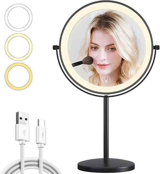 9in Vanity Mirror with Lights, Rechargeable&Dimming Lighted Makeup Mirror, 3X/20X Double Sided Magnifying Mirror, 5000mAh, 360 Rotate,3 Color Lights,Brightness with 80 LED,No Height Adjustment,Black