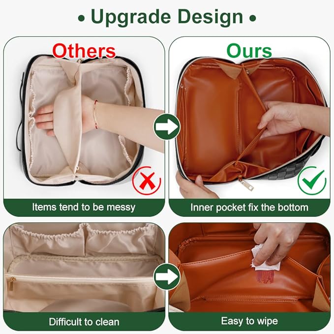 Cessfle Large Capacity Travel Cosmetic Bag Plaid Checkered Makeup Bag Portable Leather Waterproof Skincare Bag with Handle & Divider for Women, 01-Green