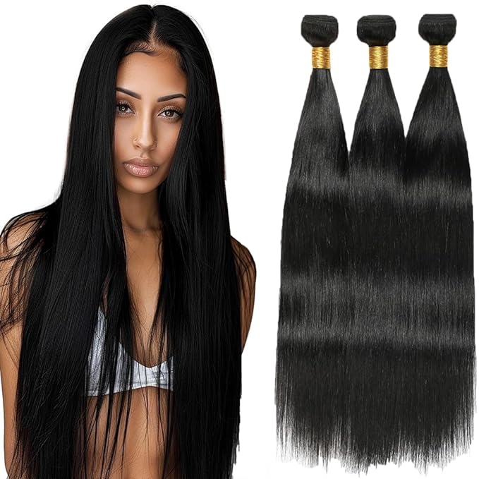 Bundles Human Hair Straight Bundles Color 1B Natural Color Straight Brazilian Human Hair Weave Extensions Soft and Silky for Black Women 16 18 20 Inch