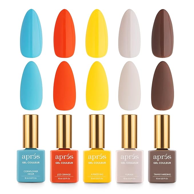 Apres Gel Couleur Combo Set, 5 Color Gel Nail Polish, Bright Nude Pastel Colors with Brush-X Nail Art Brush, 2024 Edition (Set 12)