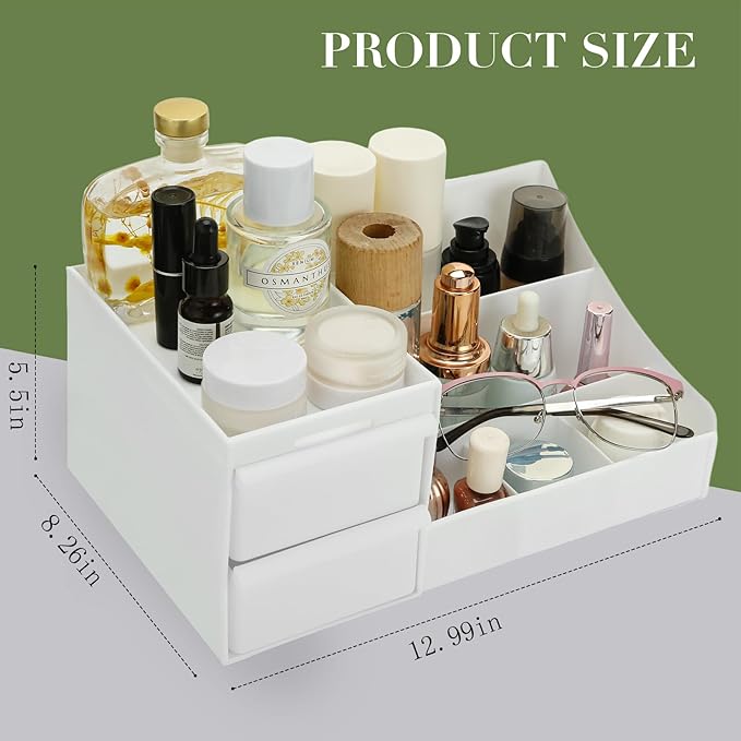 skin care organizer,Makeup Desk Organizer With Drawers,Countertop Organizer for Cosmetics,Vanity brush with Holder for Lipstick, Brushes, Eyeshadow, and Desktop (Large-White)
