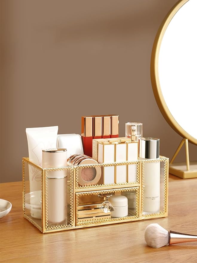 FSyueyun Vanity Clear Glass Makeup Organizer, Gold Makeup Brush Holder Cosmetic Storage Display Case for Skincare Perfume Dresser Countertop