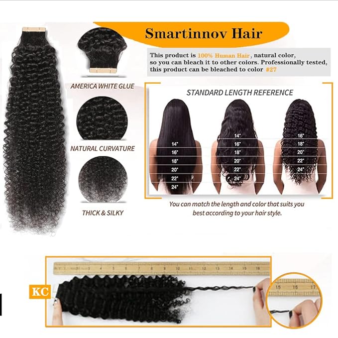 22Inch Tape in Hair Extensions Human Hair for Black Women Kinky Curly Skin Weft Invisible Tape in Extensions Brazilian Real Hair Curly Double Side 3C Tape ins Natural Black Color 20PCS 50G/Set
