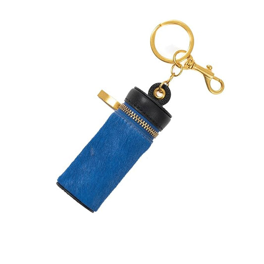 Cackatoo Genuine Leather Horsehair Lipstick Case with Keychain - Portable Travel Organizer for Lipstick and Chapstick - Stylish Key Chain Accessory for Women (Blue/Black)