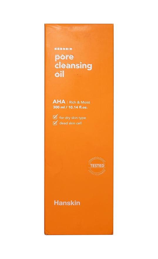 Hanskin AHA Pore Cleansing Oil for Dry Skin, Exfoliating, Waterproof Makeup Remover Facial Cleanser, Moisturizing for Soft Skin, Korean Skincare [AHA/10.14 oz.]