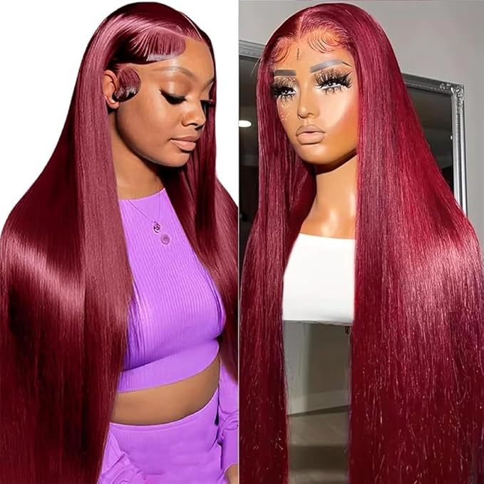 28 Inch 99j Burgundy Lace Front Wigs Human Hair Pre Plucked 13x6 Straight Lace Frontal Wigs Human Hair Win Red Colored Wigs for Black Women Straight Wigs Human Hair Natural Hairline