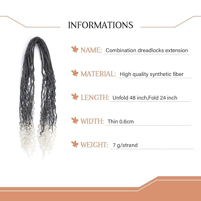 24 In Boho Braid Dreadlock Extensions, 10 Strands Gray to White Synthetic Curly Dreads Extensions with Box Braid, 100% Handmade Dreads Hippie Style Dreadlocks for Woman