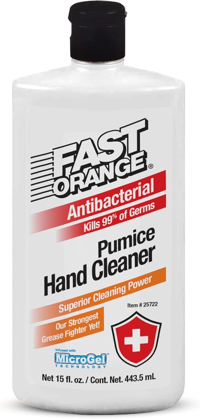 Fast Orange Permatex 25722 Antibacterial Pumice Hand Cleaner Fortified with Aloe, Kills 99% Germs on Hands, Waterless Cleaner for Oil Grease Mechanics, 15 Fl. Oz