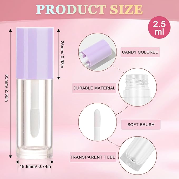 50pcs 2.5ml Empty Lip Gloss Containers Lip Gloss Tubes with Wand Cute 0.08oz Clear Refillable Lipgloss Making Supplies Kit for DIY Makeup + 2pcs Syringes (Purple)