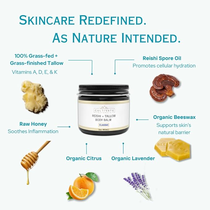 Reishi Tallow Body Balm - Classic Citrus (2 oz) | Grass Fed Beef Tallow - Non-toxic, Paleo Friendly Skincare | Infused with Reishi Spore Extract | Moisturizing & Hydrating for All Skin Types