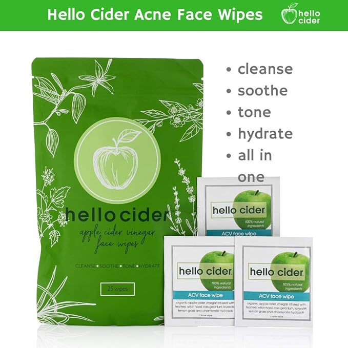 Apple Cider Vinegar Acne Face Wipes-Organic TeaTree, Rose, Chamomile, Witch Hazel.Oil free. Reduce Blemish & Acne. Tone,Restore, Sooth, Balance pH. Dry, Normal, Sensitive Skin. 25ct. USA Hello Cider