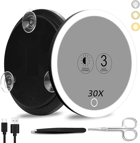 30x Lighted Magnifying Mirror with Suction Cups, Large 6'' Magnified Mirror with Light High Magnification Travel Makeup Mirror, Rechargeable Battery, 3 Colors Dimming Light, with Tweezers &Scissors