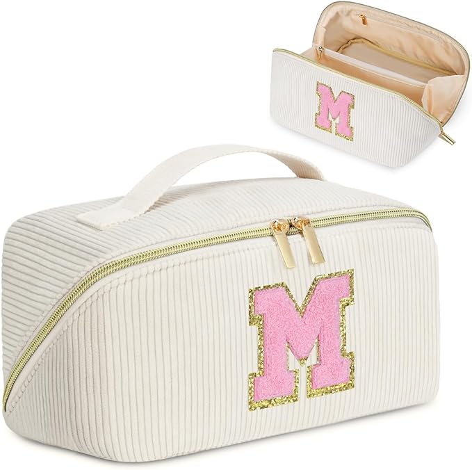 Gifts for Girls, Initial Travel Makeup Bag Women's Day Gift Make up Bag Cosmetic Bags Monther's Day Gifts, Personalized Stuff Bag Cute Makeup Bag Birthday Gifts for Women/Friend/Mother - M
