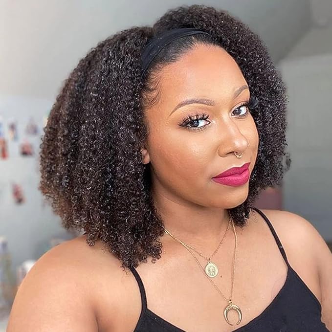 ISEE Wear and Go Mongolian Afro Kinky Curly Headband Wig Human Hair 200% Density Afro Wigs for Black Women Human Hair Natural Curls Grade 10A Glueless Human Hair Wigs (16 Inch)