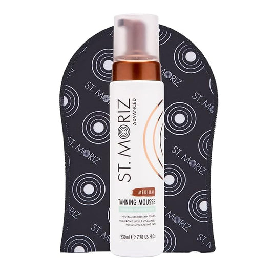 St Moriz Advanced Color Correcting Self Tanner Mousse in Medium with Tanning Mitt Bundle - Self Tanning Foam for Face & Body - With Hyaluronic Acid & Vitamin B5 (7.78 fl oz)