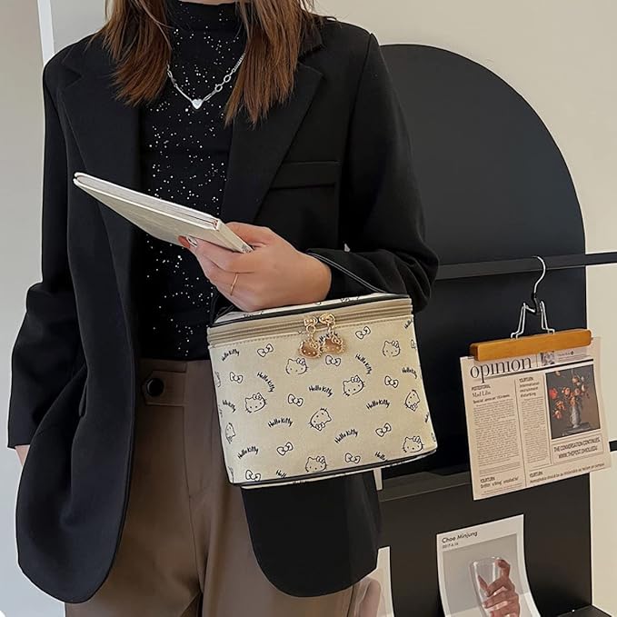 AmBealla Make up Bag Travel Cosmetic Bags Brush Holder Zipper Pouch Case Organizer Cute Organizer Suitable for Purse for Women (Beige Bucket Bag)