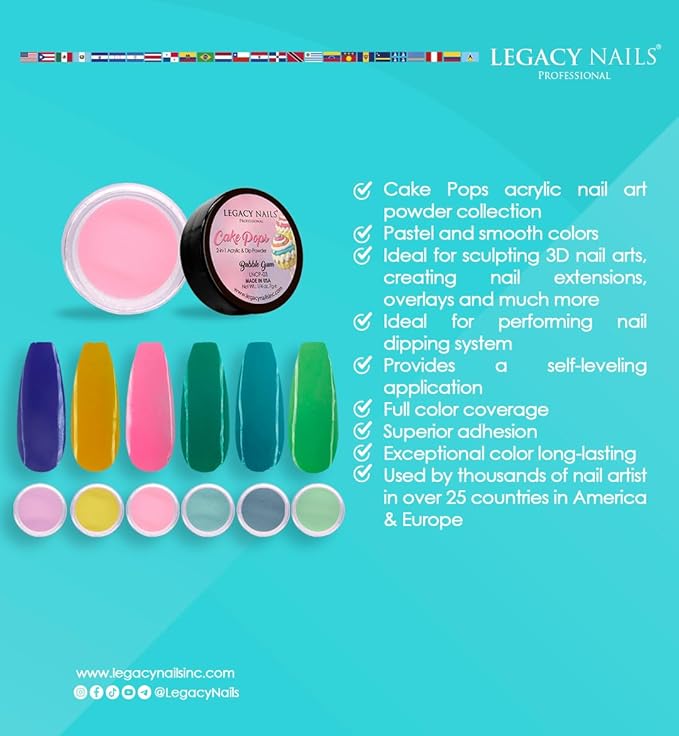 Legacy Nails Professional COLLECTION Acrylic Powder Kit 6 Colors Nail Art Set for Manicure DIY for Dip & Acrylic Nail Extensions (CAKE POPS COLLECTION)