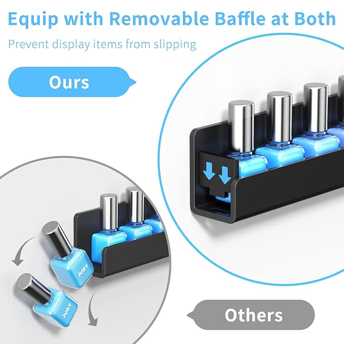 NIUBEE 6 Pack Nail Polish Rack Wall Mounted Shelf with Removable Anti-slip End Inserts, Acrylic Nail Polish Organizer Display 90 Bottles(Black)