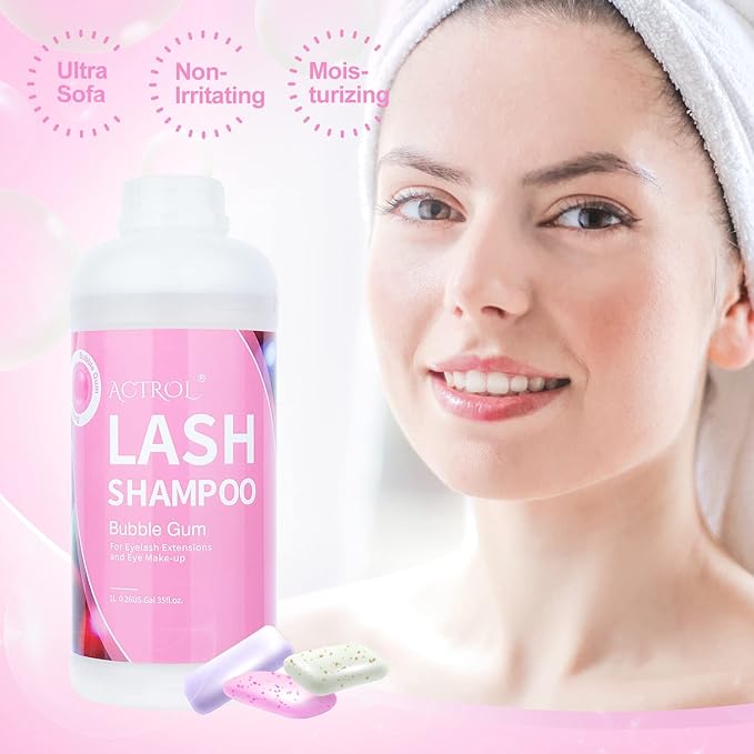 Eyelash Extension Cleanser Bubble Gum 1L Natural Lash Extension Shampoo Professional Eyelid Foaming Cleanser Paraben & Sulfate Free Non-lrritating with Salon and Home Care