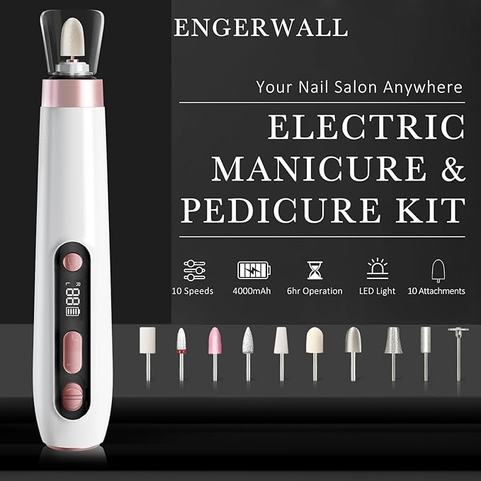 ENGERWALL Professional Manicure Pedicure Kit, Electric Nail File Set, Portable Cordless Electric Nail Drill Machine, 10 Speeds Nail Care Tool for Grind Trim Polish, White