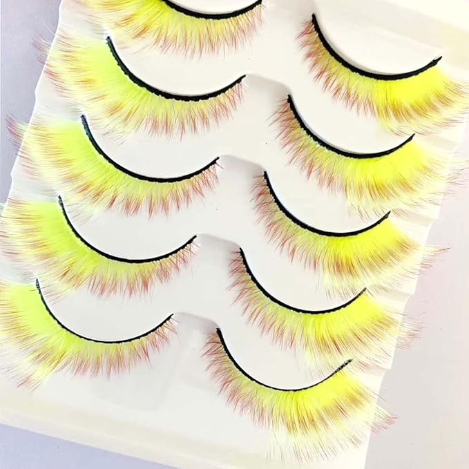 Sunniess Ombre Colored Lashes Silk Protein Fluffy Wispy Volume Fake Lashes for Halloweens Cosplay Party Stage Russian D Curl Lashes with Color Make up Faux Mink False Eyelashes 5 Pairs