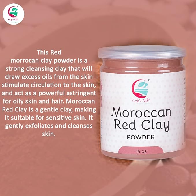 Moroccan Red Clay Powder | 16 Oz | Raw Clay Facial Mask | Deeply Cleanses Pores & Purifies the Skin | By Yogi's Gift ®
