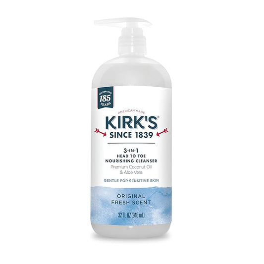 Kirk's 3-in-1 Head to Toe Nourishing Liquid Cleanser- for Men, Women & Children - Premium Coconut Oil & Aloe Vera- Non GMO & Vegan -Original Fresh Scent - 32 Fl Oz