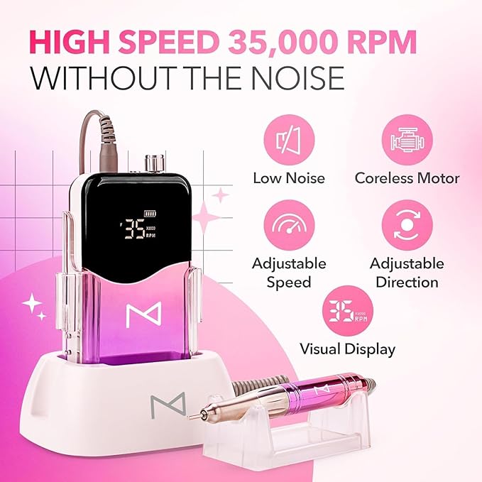 M Mase- Professional Nail Drill Machine - 2-in-1 Nail File - Cordless, 35000 RPM, HD Display - Gift for Her - Electric Nail Drill for Professional & Home Use (Rose Gold)