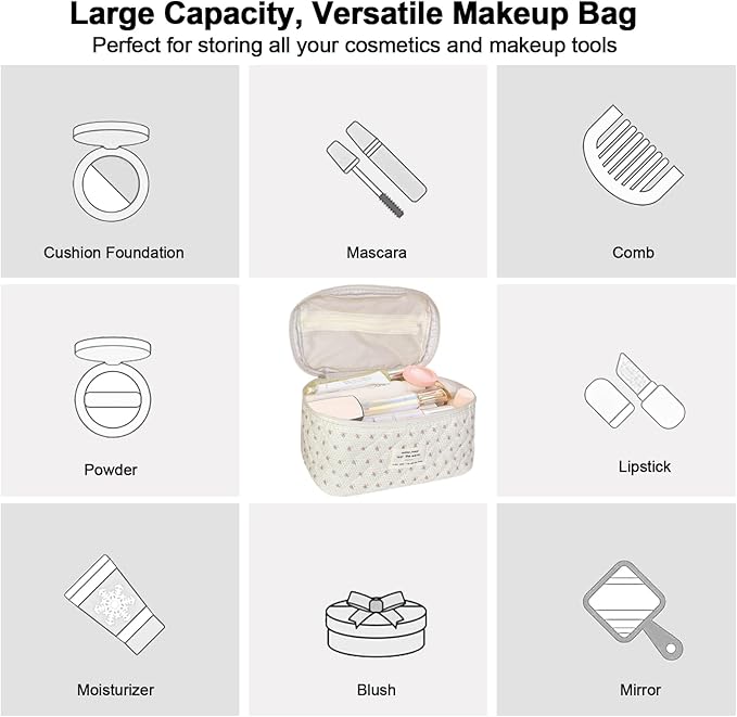3Pcs Cotton Quilted Makeup Bag for Women Girls, Large Floral Cosmetic Bag Set Cute Makeup Brushes Aesthetic Accessories Storage Bag Little Flower Travel Toiletry Bag Organizer